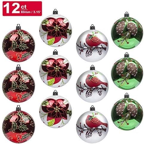 KI Store Christmas Balls Ornament 12ct Shatterproof 3.15-Inch Tree Ball Cardinal and Poinsettia Woodland Theme for Xmas Trees, Parties, and Holiday Decoration