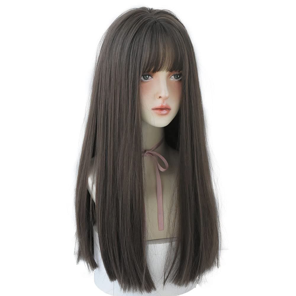 URCGTSA 22 Inches Long Straight Hair Wig for Women Natural Synthetic Brown Hair Wigs With Bangs Party Cosplay Wig for Girl (Light Brown)