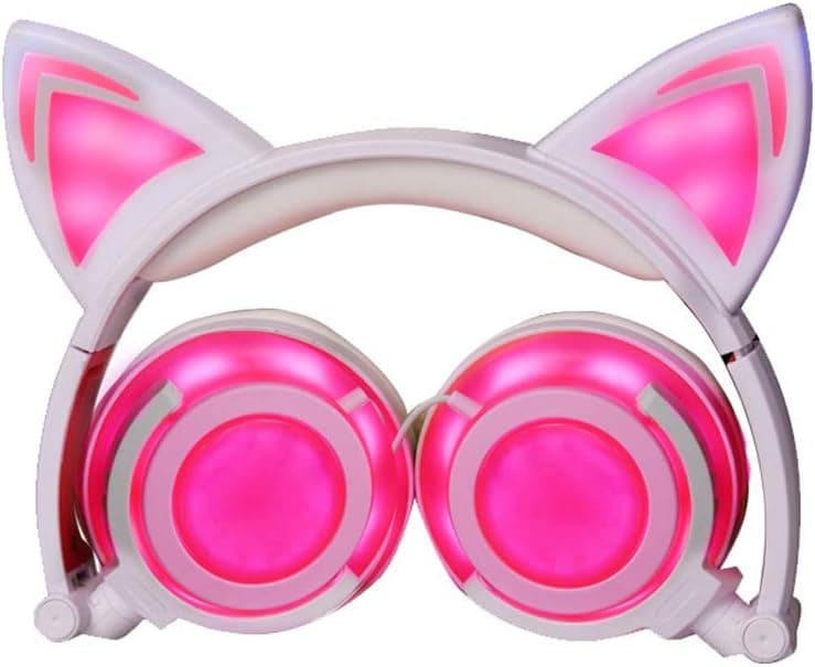 Eoncore Foldable LED Lights Cat Ear Headphones for Kids Teens USB Rechargeable 3.5mm Stereo On-Ear Music Gaming Earphones Headband Headsets (Pink)