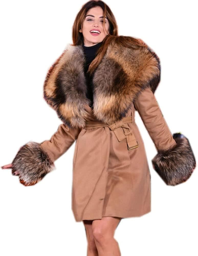 Aox Women Winter Faux Fur Hood Coat Warm Wool Trench Jacket Casual Wrap Overcoat Thicken Cardigan Outwear Luxury Long Cape