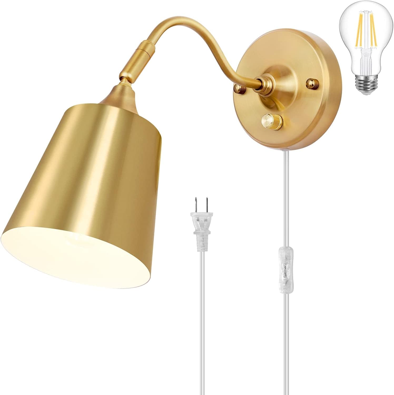 TRLIFE Wall Sconce Plug in, Dimmable Wall Sconces Adjustable Gold Wall Lights with Plug in Cord and Dimmer On/Off Knob Switch, Wall Mounted Light for Bedside Bedroom Stairway(1 Pack, Bulb Included)