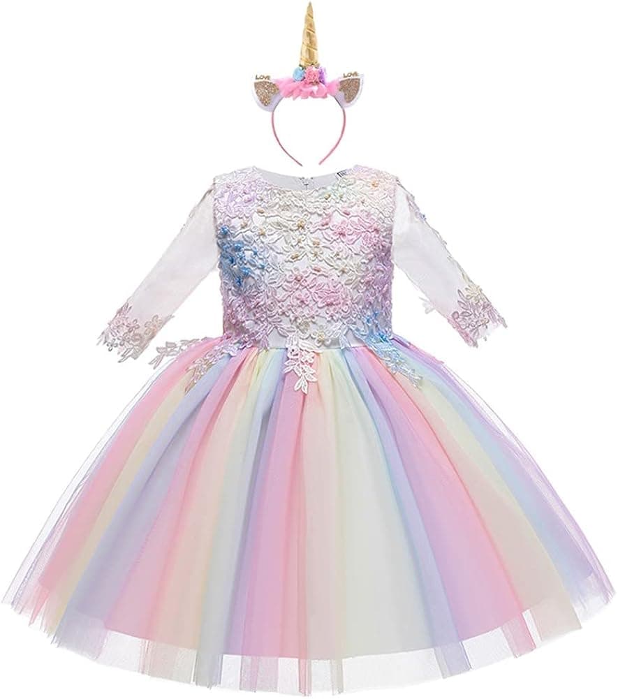 IZKIZF Girls Unicorn Costume Princess Tulle Dress w/Headband Birthday Pageant Party Carnival Cosplay Dress Up Outfits