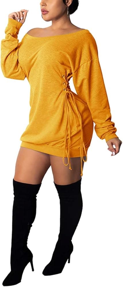 Deloreva Women Long Sweatshirt Dress - Off The Shoulder Tunic Top Oversized Loose Fit T Shirt Mini Dress Yellow L