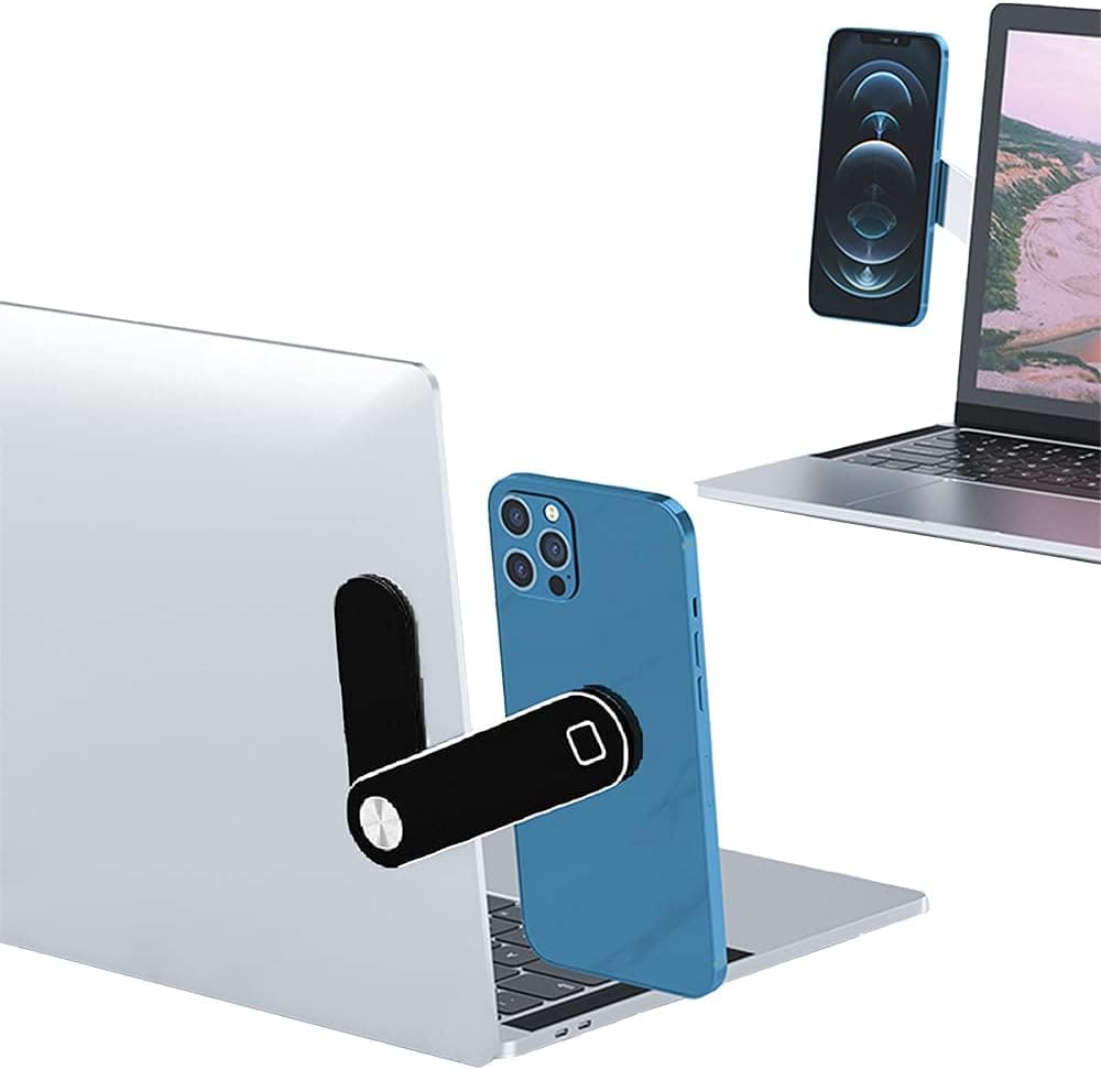 Laptop Phone Holder Magnetic Cellphone Mount, Computer Monitor Expansion Bracket, Slim Portable Smartphone Stand, Dual Screen, Multi-Tasking (Black)