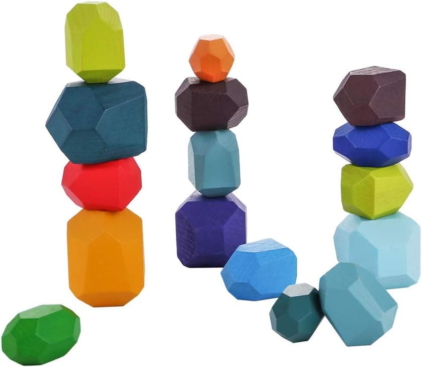 Laojbaba Colorful Wooden Stone Balancing Blocks - Wood Stone Building Blocks Lightweight Natural Rainbow Balancing Blocks Wooden Stones Stacking Game Rock Blocks Kids Educational Puzzle Toy（16 PCS）