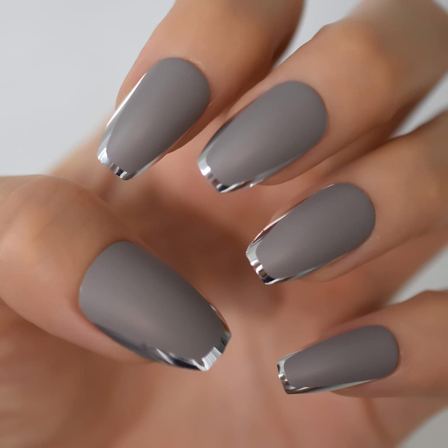 Coolnail Gray Artificial Matte False Nail Set Full Cover Medium Long Silver Edge Frosted Grey Press On Fake Nails Art Tip With Jelly Glue