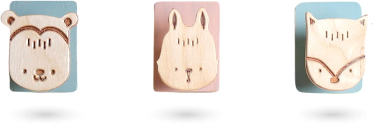 3 Pack Decorative Wooden Coat Hooks for Kids | Adorable Low Coat Hooks Wall Mounted for Montessori Nursery | Coat Hanger for Wall | Easy to Install & Includes Hardware | Bear, Squirrel, Fox