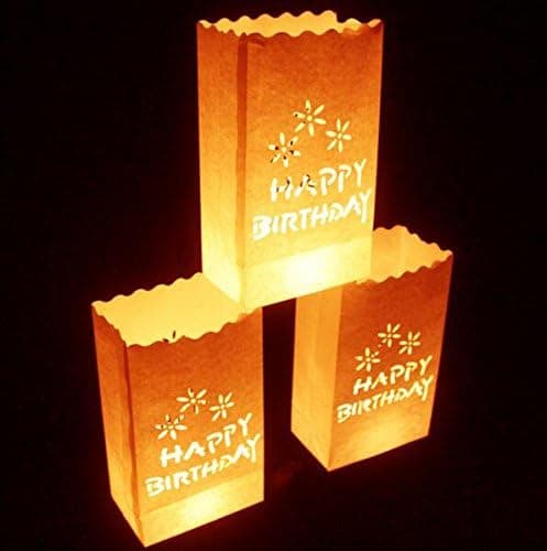 Fascola White Luminary Bags -10 Count - Happy Birthday Design - Flame Resistant Paper - Christmas Holiday Outdoor Decorations - Party and Event Decor - Luminaria Candle Bag - Ten Bags (Happy Birthday)