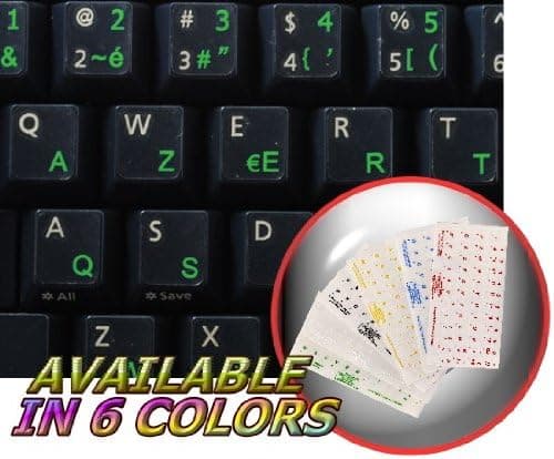 French AZERTY Keyboard Decals ON Transparent Background with Blue, Black, Green, RED, White OR Yellow Lettering (Green)