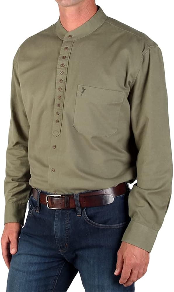 The Celtic Ranch Traditional Irish Grandfather, Men's Casual Long Sleeve Banded Collar Button Down Collarless Dress Shirt