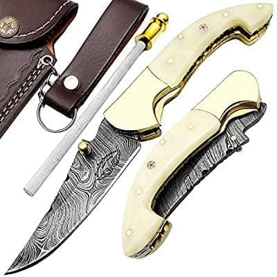 Best.Buy.Damascus1 Camel Bone 7.5" Handmade Stainless Steel Folding Pocket Knife Back Lock with Sharpening Rod Prime Quality Come with Leather Sheath