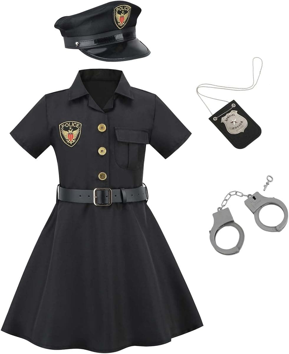 LMYOVE Girl’s Police Officer Costume Set, Cop Uniform Dress Up Halloween Outfits for Kids