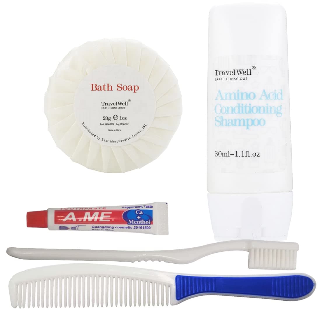 TRAVELWELL Hotel Toiletries Amenities Bulk Individually Wrapped 30ml Shampoo & Conditioner 2 in 1, Round Tissue Pleated 28g Cleaning Travel Soap In Bulk, Comb,Toothbrush Toothpaste 25 Set