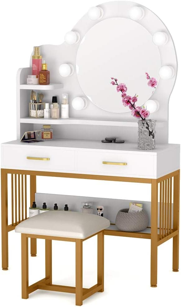 Tribesigns Vanity Set with Round Lighted Mirror and Cushioned Stool, Elegant Makeup Table Vanity Desk with 2 Drawers and Storage Shelves, Dressing Table for Women, Girls Bedroom(Gold/White)
