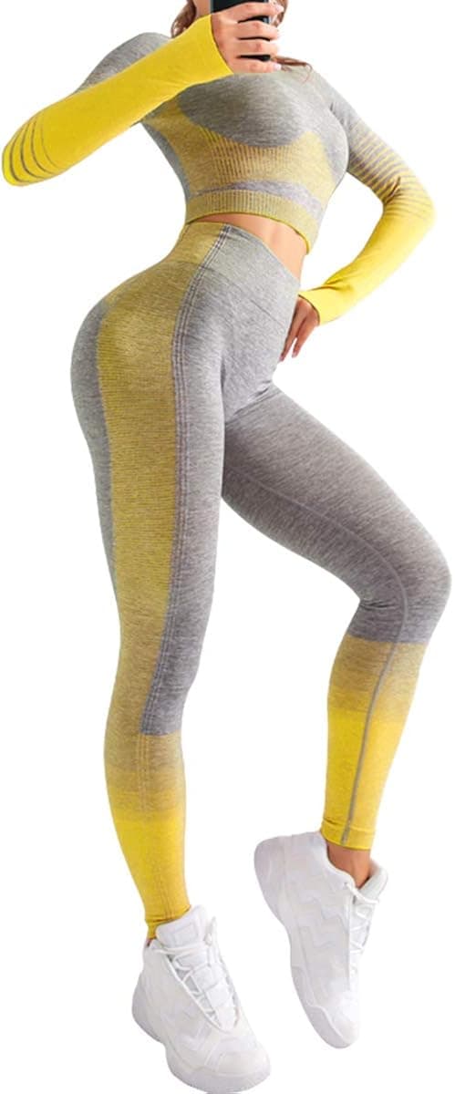 OLCHEE Women's 2 Piece Tracksuit Workout Outfits - Seamless High Waist Leggings and Long Sleeve Crop Top Yoga Activewear Set -Yellow and Grey Size M