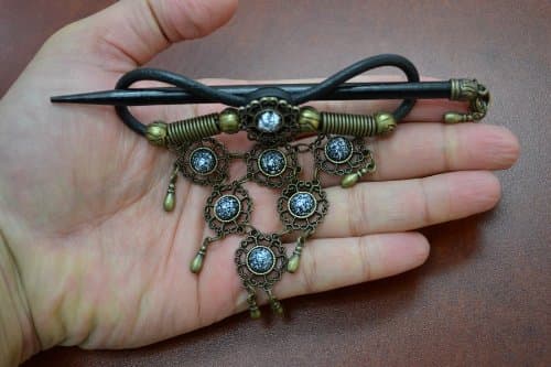 Handmade Gray Faux Leather Hair Barrette Wood Stick Pin