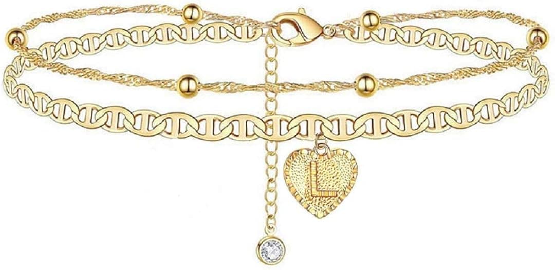 Heart Anklet Bracelets for Women, Gold Adjustable Women's Anklets-Letter Anklet with Initials Double Layered Anklets for Women Teen Girls Jewelry Gifts -Include Gift Box
