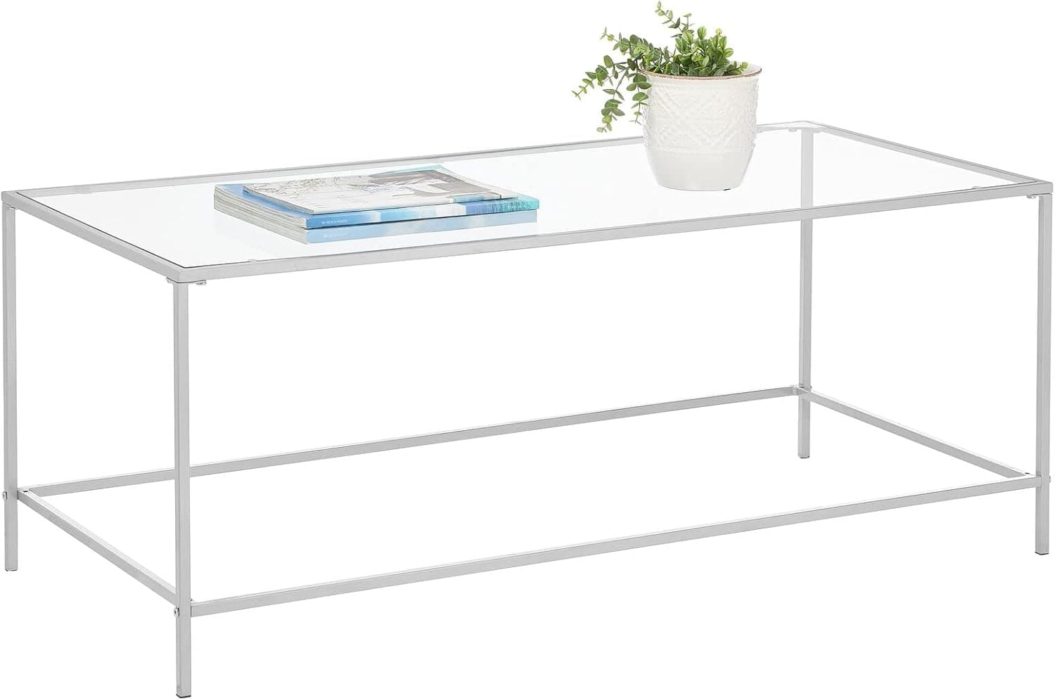 mDesign Glass Top Coffee Table - Large Minimalistic Rectangular Geometric Metal Accent Furniture Unit for Living Room, Basement, Home Office, Garage, and Bedroom - Silver