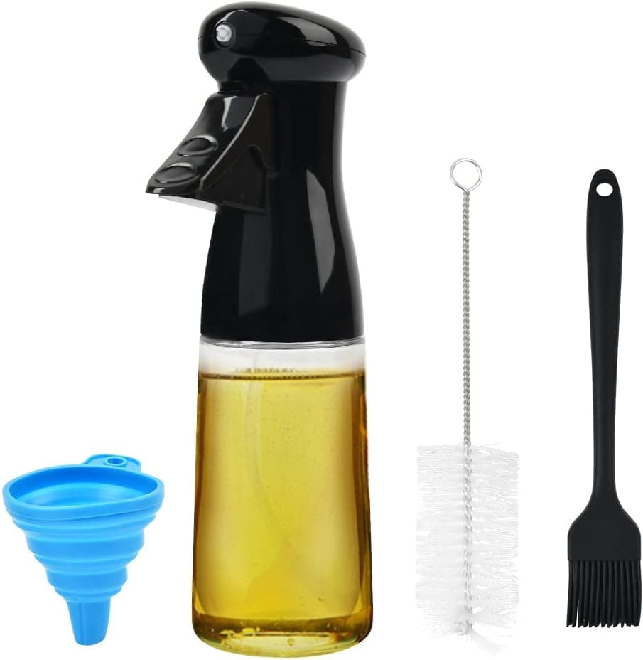Olive Oil Sprayer, 200ML Fillable Oil Dispenser Bottle Sprayer with Basting Brush, Funnel, Cleaning Brush, Vinegar Mist Sprayer Barbecue Spray Bottle for Cooking, BBQ, Salad, Baking, Roasting