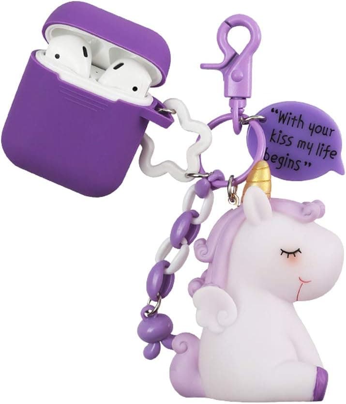Cute Unicorn Airpods Case Keychain Protective Silicone Cover for Apple Air pods 1 & 2 Charging Case
