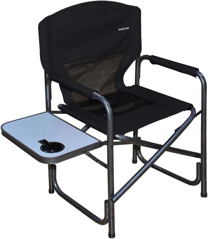 Suzeten Oversized Deck Chair Folding Camping Portable Lightweight Chair with Mesh Back Pocket, Side Table for Camping Outdoor Fishing, Supports to 225 lbs, Black