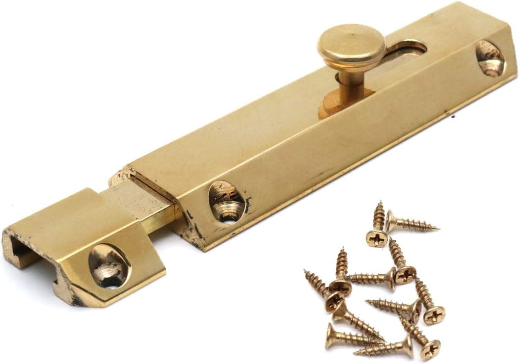 Door Slide Bolt Latch Karcy 4" Gold Tone Pure Copper Sliding Barrel Bolt Lock Door Latch Window Gate Security Guard 4.8" x 1.3" (LxW) Pack of 1