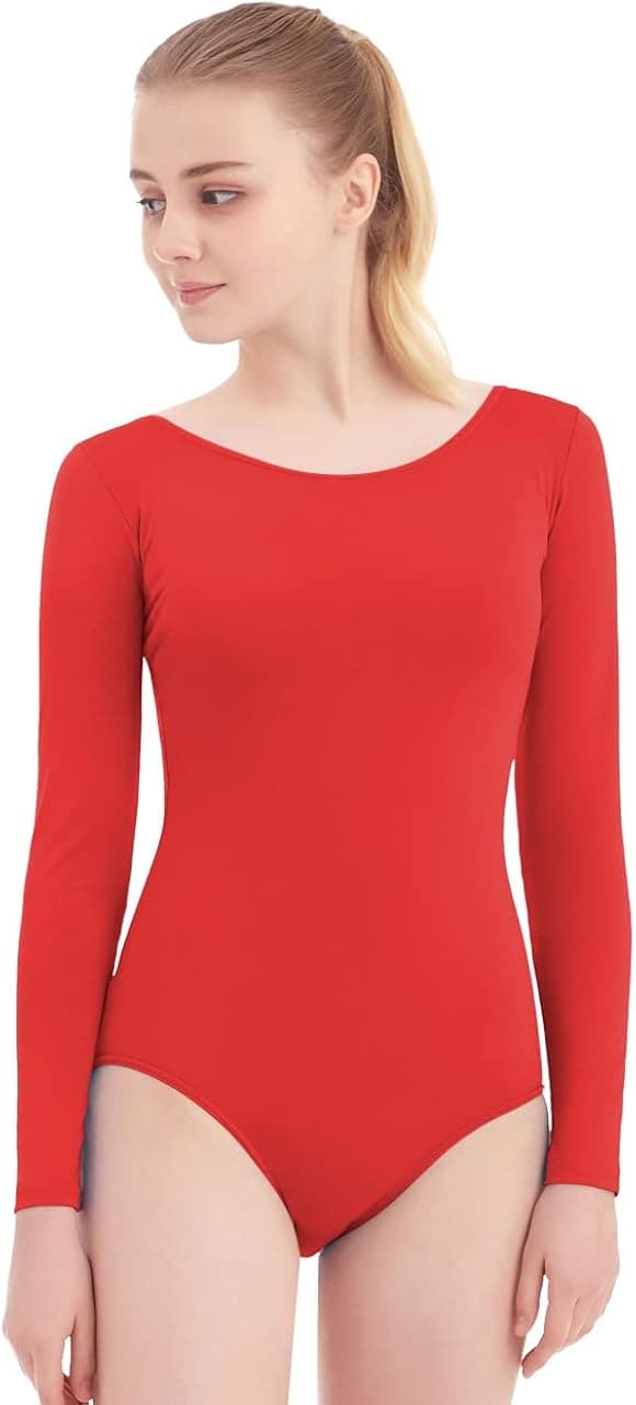 SUPRNOWA Scoop Neck Leotard Long Sleeves Spandex Dance Workout Fitness Bodysuit for Women
