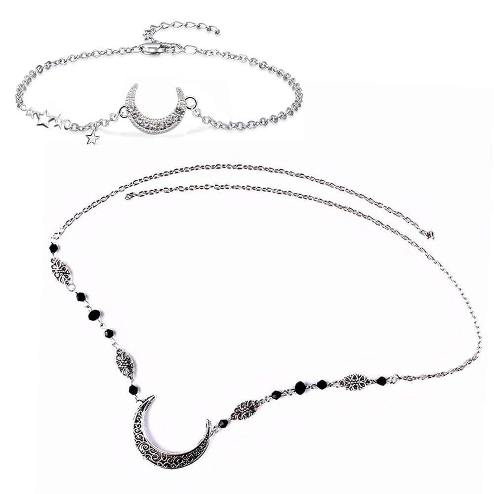 Coverdeal 2pcs Moon Headband Witch Headpiece & Moon Star Bracelet Set, Womens Fairy Crown Hair Chain Witch Jewelry with Gift Box