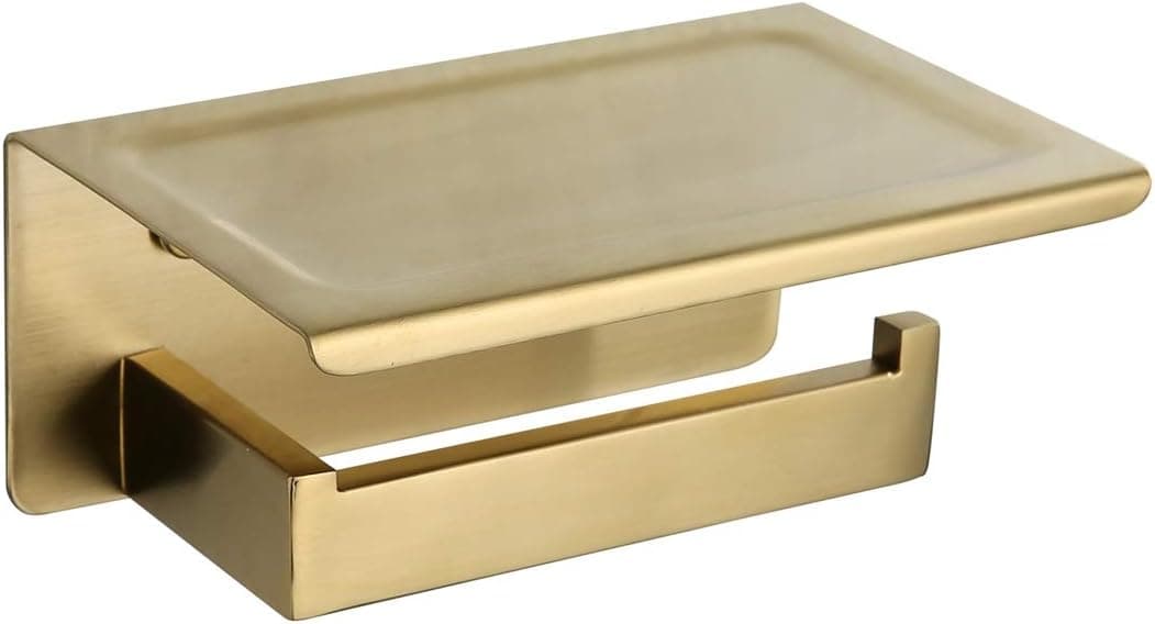 VELIMAX SUS304 Stainless Steel Toilet Paper Holder with Shelf Wall Mounted Toilet Roll Holder with Phone Shelf Toilet Tissue Holder with Storage for Bathroom, Brushed Gold Finish