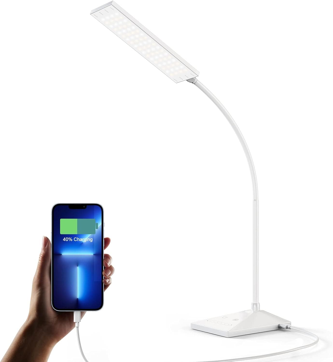 K&ZZ LED Desk Lamp, Dimmable LED Table Lamp, Eye-Caring Study Light with USB Charging Port, Office Light with 5 Lighting Modes 7 Brightness Levels, Touch-Sensitive Reading Light, White