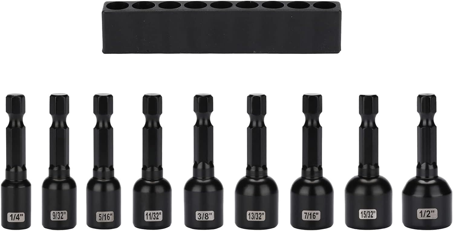 MIXPOWER 9 Piece Impact Ready Magnetic Nut Driver Bit Set, SAE, 1/4" to 1/2", 48mm Length, Alloy Steel, 1/4" Magnetic Hex Nut Driver Set