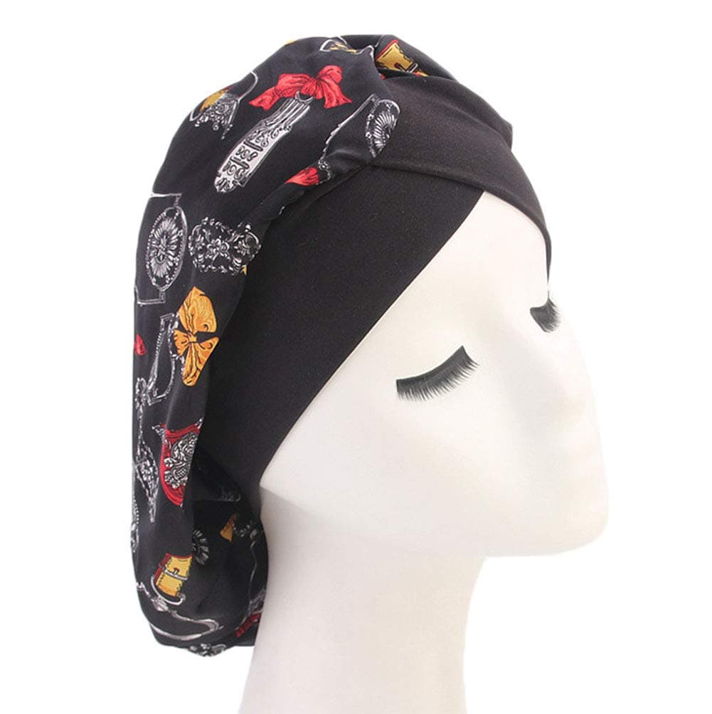 Women’s Soft Silky Satin Turban Elastic Wide Band Satin Bonnet Night Sleep Hat Hair Loss Cap (Black)