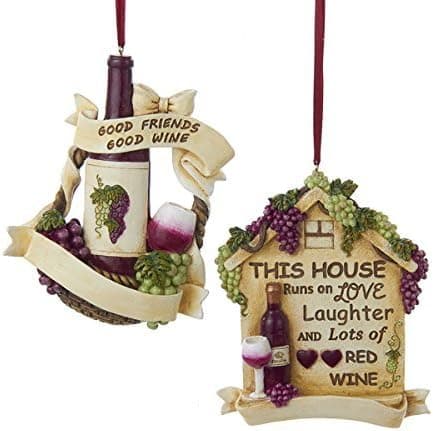 Kurt Adler 1 Set 2 Assorted Resin Wine Bottle And House Ornaments