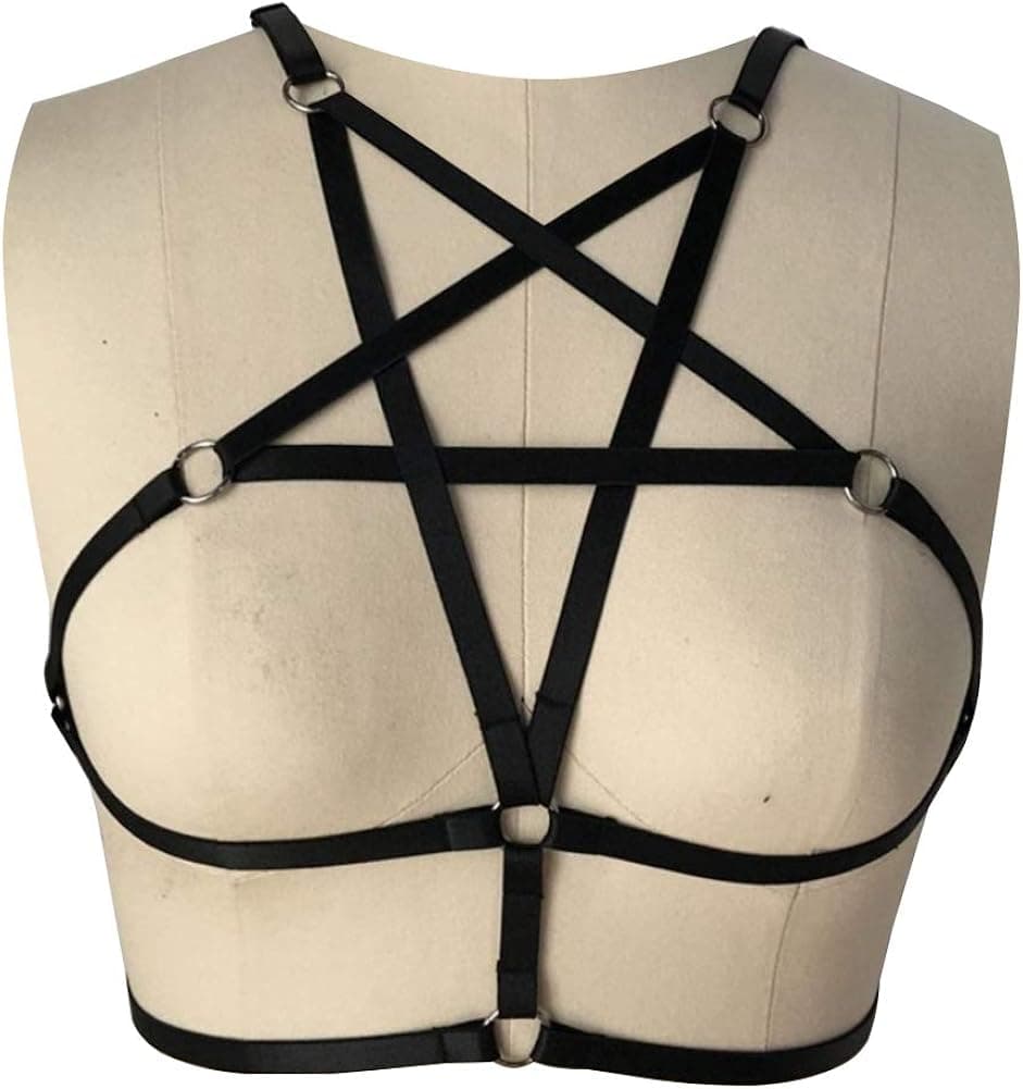 Sexy Women Harness Halter Pentagram Body Harness Bra Caged Bra Cupless Bra Punk Gothic Style Strappy Bralette One Size