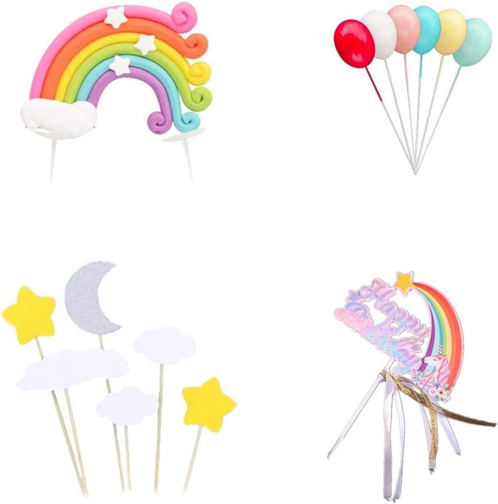 Colorful Rainbow Cake Topper,Include Rainbow Cloud Moon Star Balloon Shape Cupcake Topper Picks for Birthday Wedding Party Cake Decoration