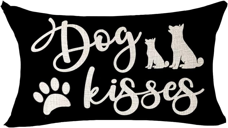 ITFRO Great Pet Dog Lover Gift with Words Love Paw Prints Bone Life Dog Kisses Lumbar Sofa Decorative Cotton Linen Throw Pillow Case Cushion Cover Oblong 12x20 inches (Black)