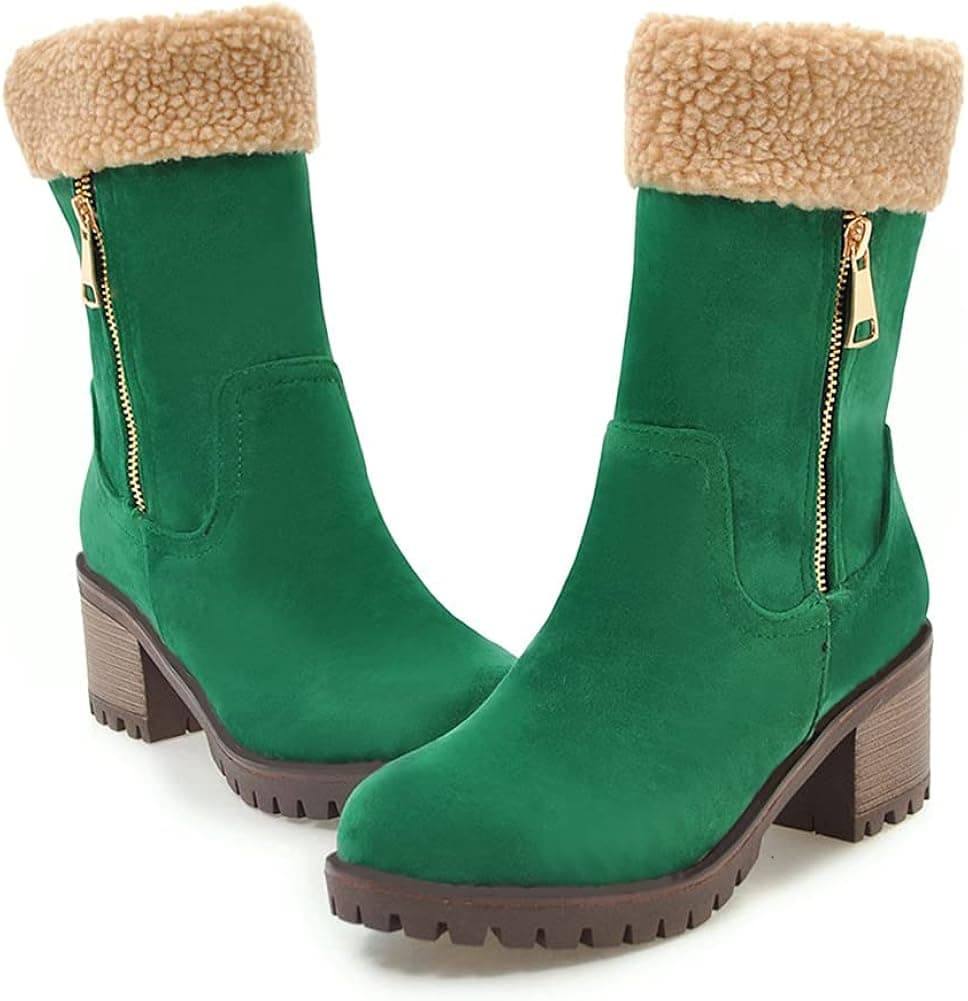 SO SIMPOK Women's Fur Winter Snow Boots Dressy Warm Suede Chunky Block Heel Zipper Round Toe Outdoor Mid Calf Ankle Bootie
