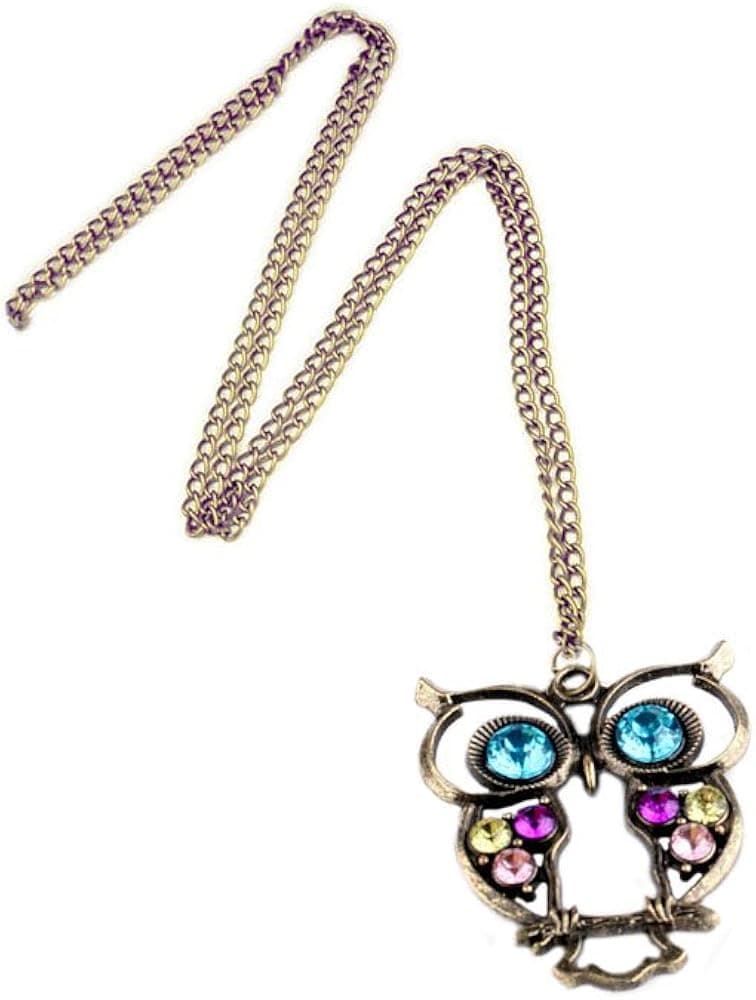 TdZ Bronze Bright Teal & Crystal Owl Pendant Necklace
