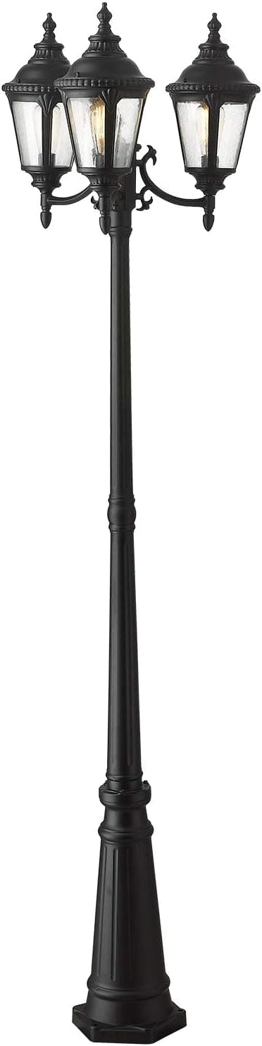 Zeyu Outdoor Street Light, 3-Head Exterior Lamp Post Light, Seeded Glass Shade with Black Finish, ZW23PL-3 BK