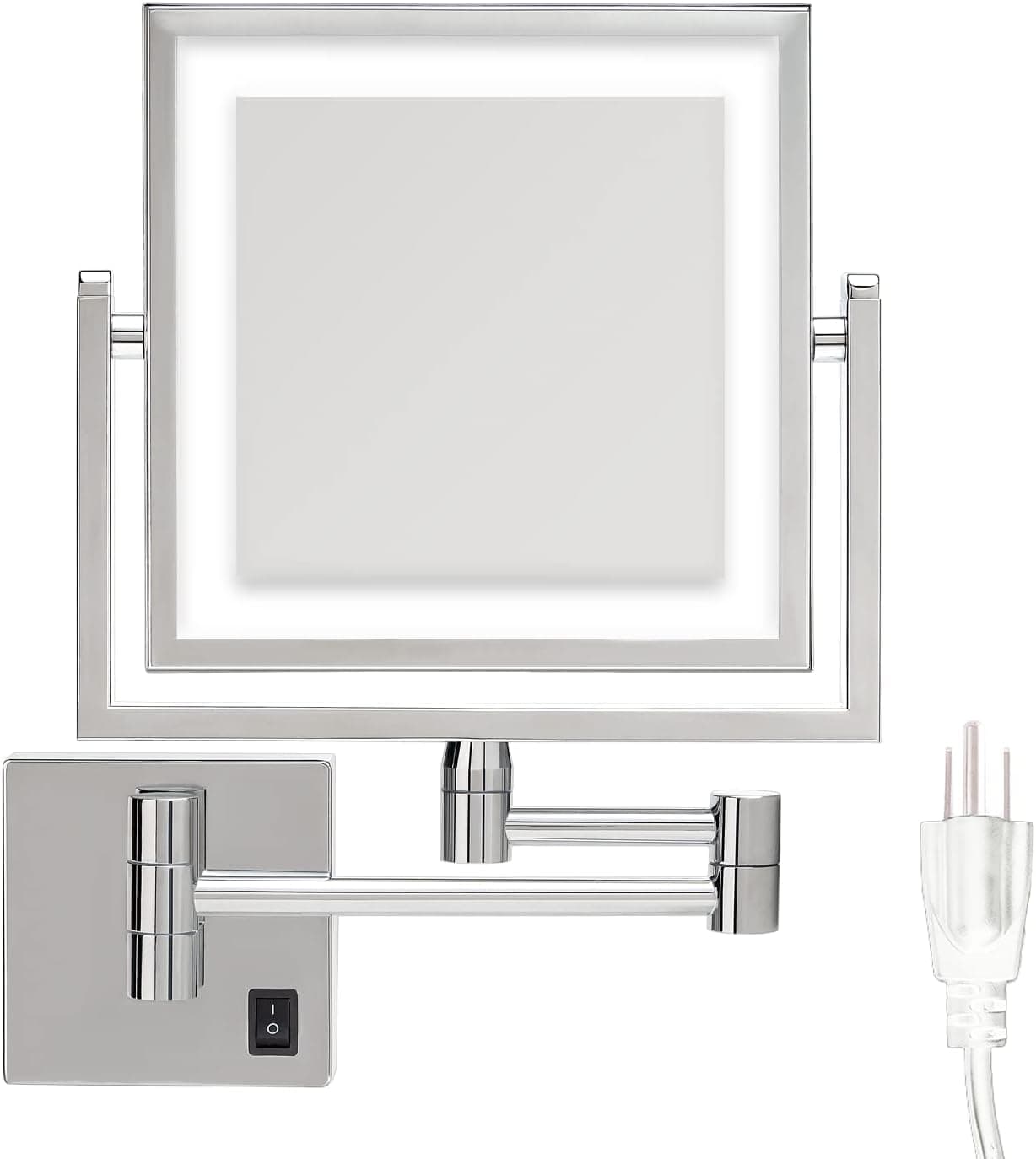 Wall Mounted Lighted Makeup Mirror, 8 Inch 1X/3X Magnifying Vanity Mirror, Double Sided Bathroom Mirror with LED Lights, 360°Swivel, Extend, Retractable Shaving Light up Mirror (Chrome)