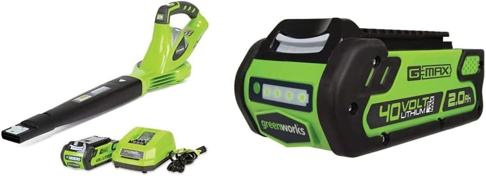 Greenworks 24252 40V 150 MPH Variable Speed Cordless Leaf Blower, 2.0Ah Battery and Charger Included & 40V 2.0 AH Lithium Ion Battery 29462