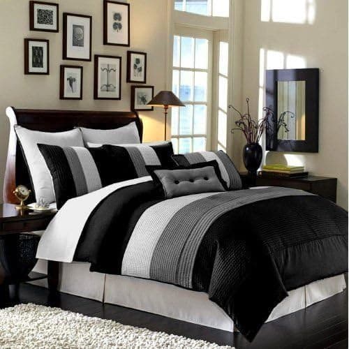 8pc Modern Faux Silk Black White Grey Comforter Set - Bed in a Bag Queen, King (King)