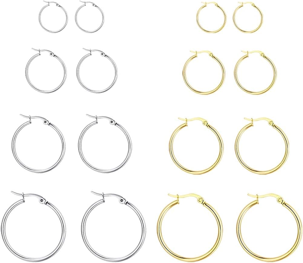 Stainless Steel Hoop Earrings for Women, Huggie Hoops 12MM-25MM Gold Silver, 8 Pairs