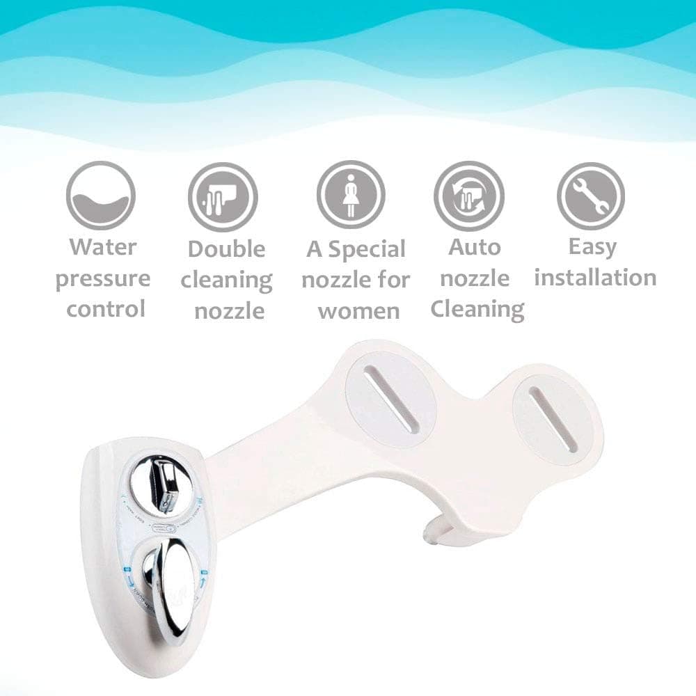 Bidet Toilet Attachment w/Self-cleaning Non-Electric Dual Nozzle and Adjustable Water Pressure for Sanitary and Feminine Wash (White) w/Level Control