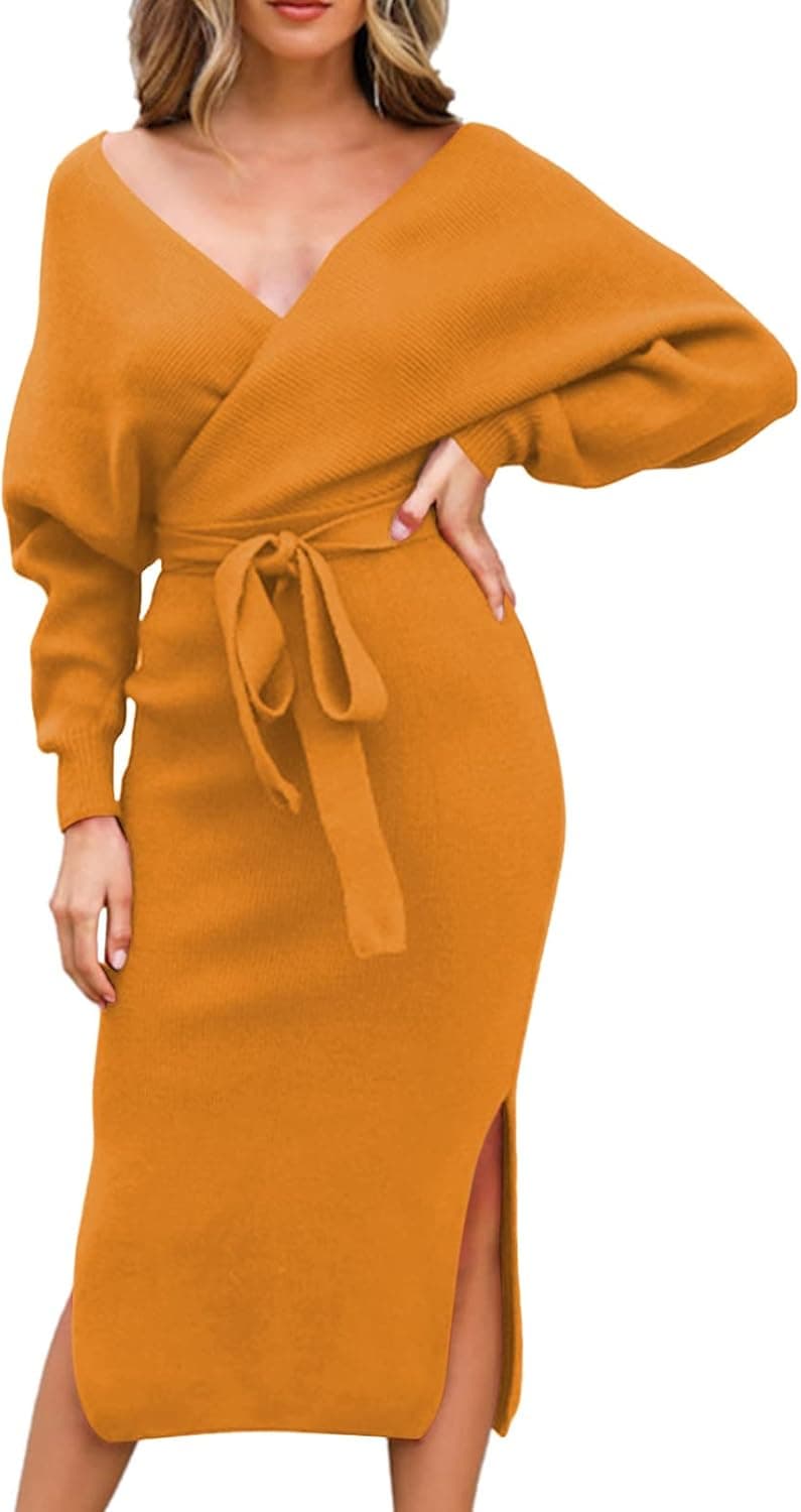 Fixmatti Women's Elegant V Neck Wrap Knit Dresses Batwing Sleeve Backless Slit Maxi Dress with Belted