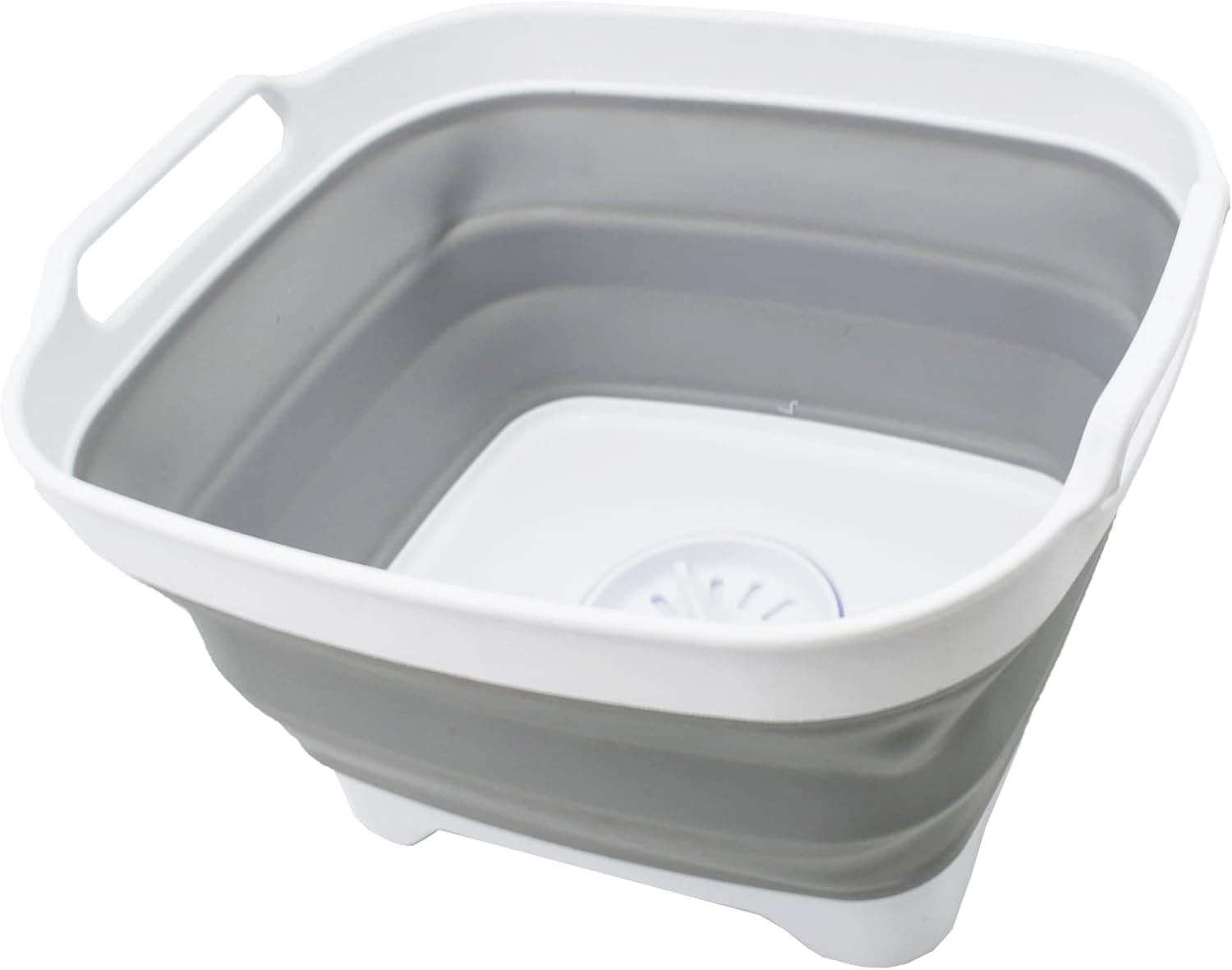SAMMART 7.5L (2 Gallons) Collapsible Dishpan with Draining Plug - Foldable Washing Basin - Portable Dish Washing Tub - Space Saving Kitchen Storage Tray (White/Grey, 1)