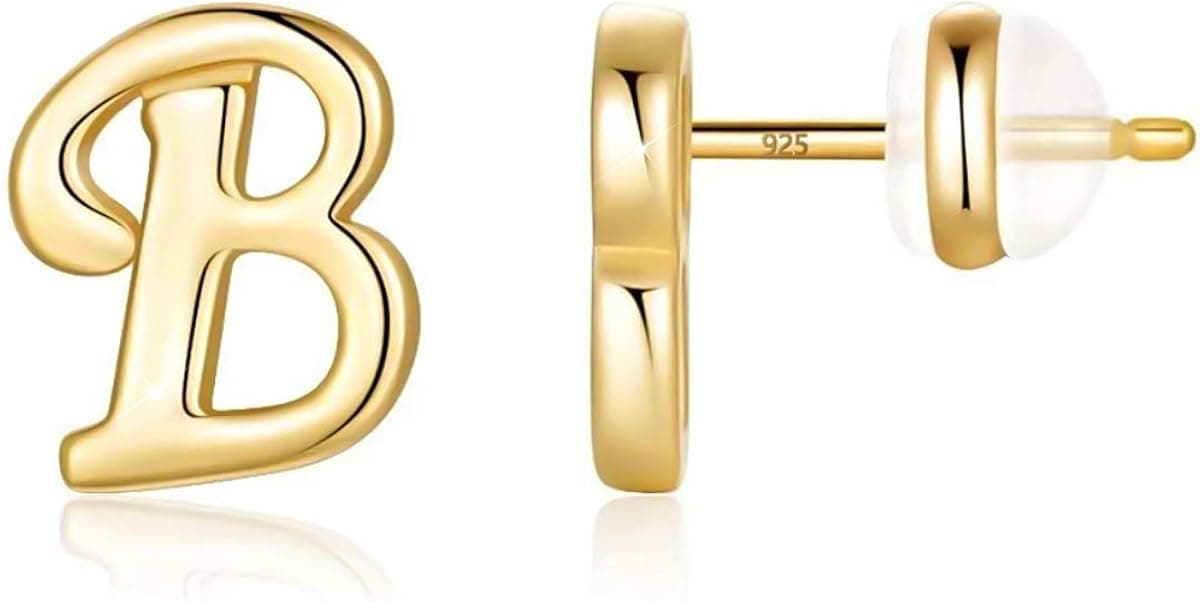 A-Z Initial Stud Earrings, S925 Sterling Silver Post 14K Gold Plated Hypoallergenic Letter Capital Alphabet Earrings for Women Sensitive Ears