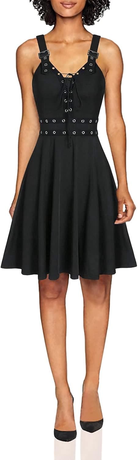 fashsgirl Women's Gothic Sling Dress Punk Style Sleeveless Strapless Backless Irregular Skirts Solid Color Mini Dress