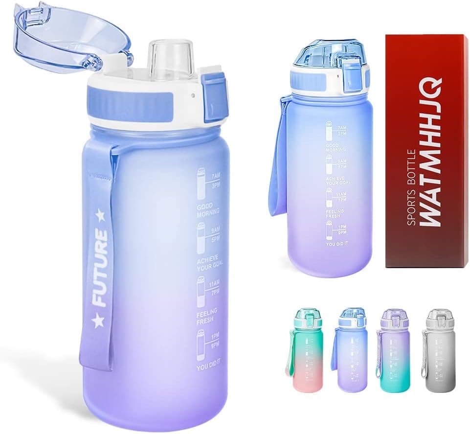 WATMHHJQ Water Bottles Cups, 22oz Leak-Proof BPA-Free Sports Water Bottles with Times Marker To Drink for Outdoor Gym, Strap Carry, for Gym Running Cycling(22oz Blue)