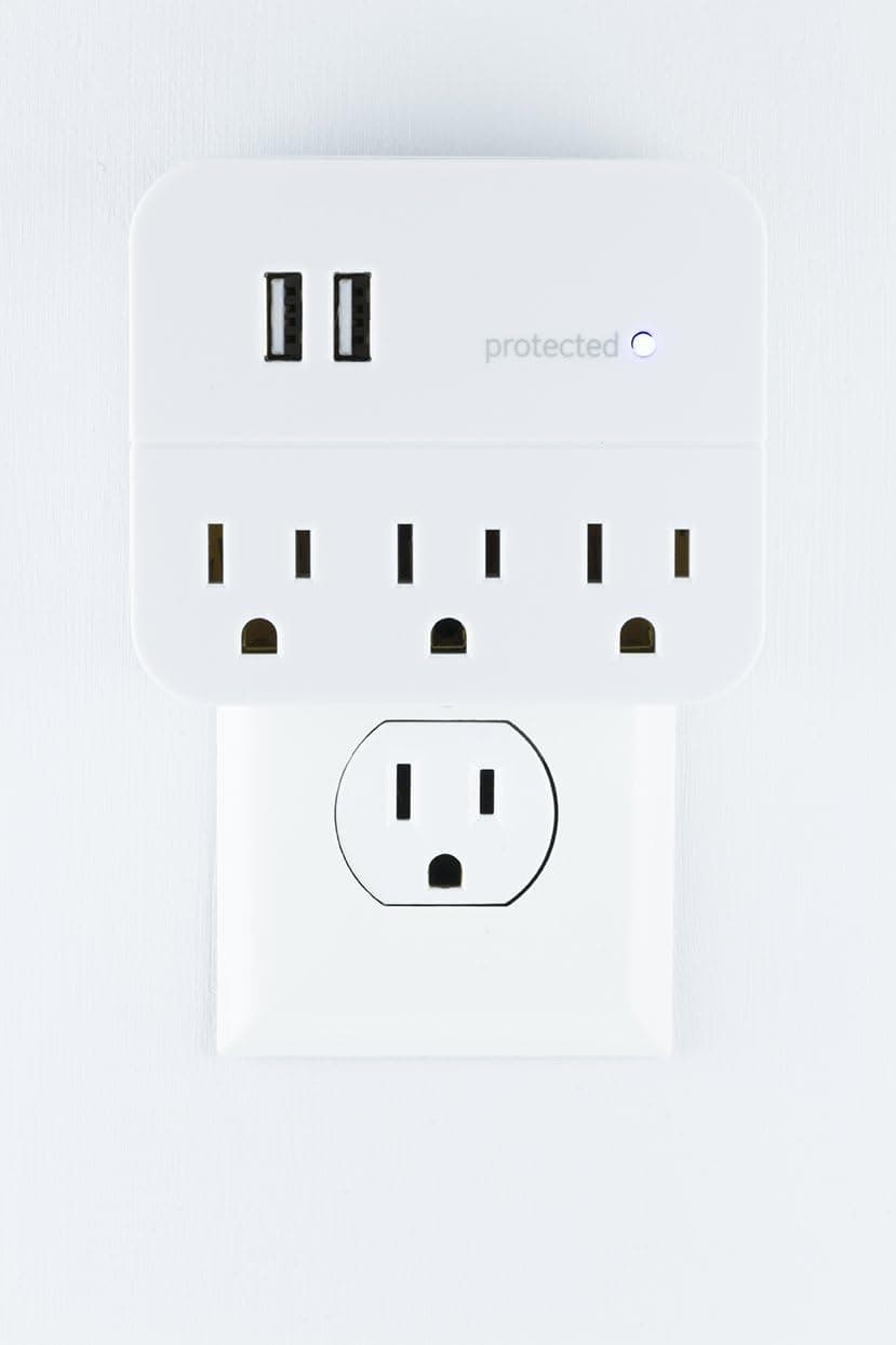 GE Pro 3-Outlet Extender Surge Protector with 2 USB Ports, Charging Station, Wall Tap Adapter, 3-Prong, 560 Joules, 2.4 AMP/12 Watt, UL Listed, White, 37156